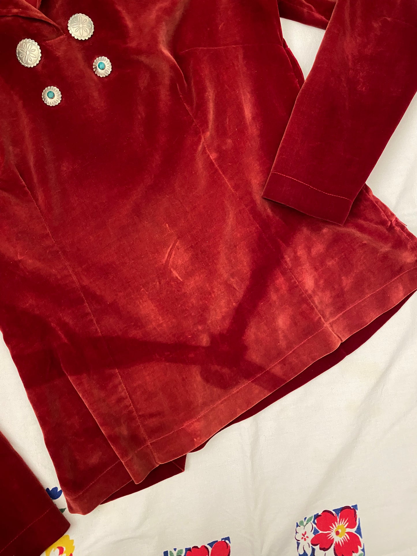 1950s Cabernet Velveteen Blouse w/ Silver + Turquoise Conchos- S/M
