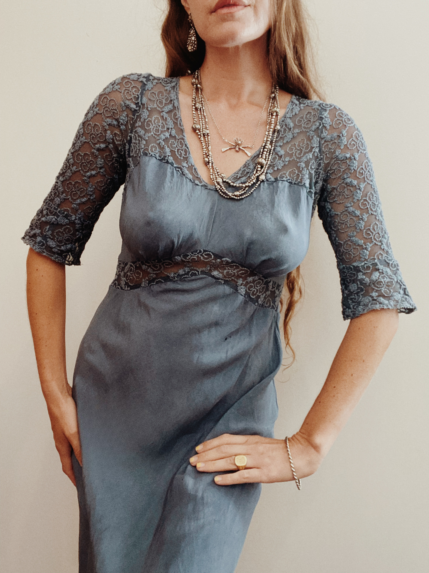 1930s Silk + Lace Robins Egg Slip Dress- S/M