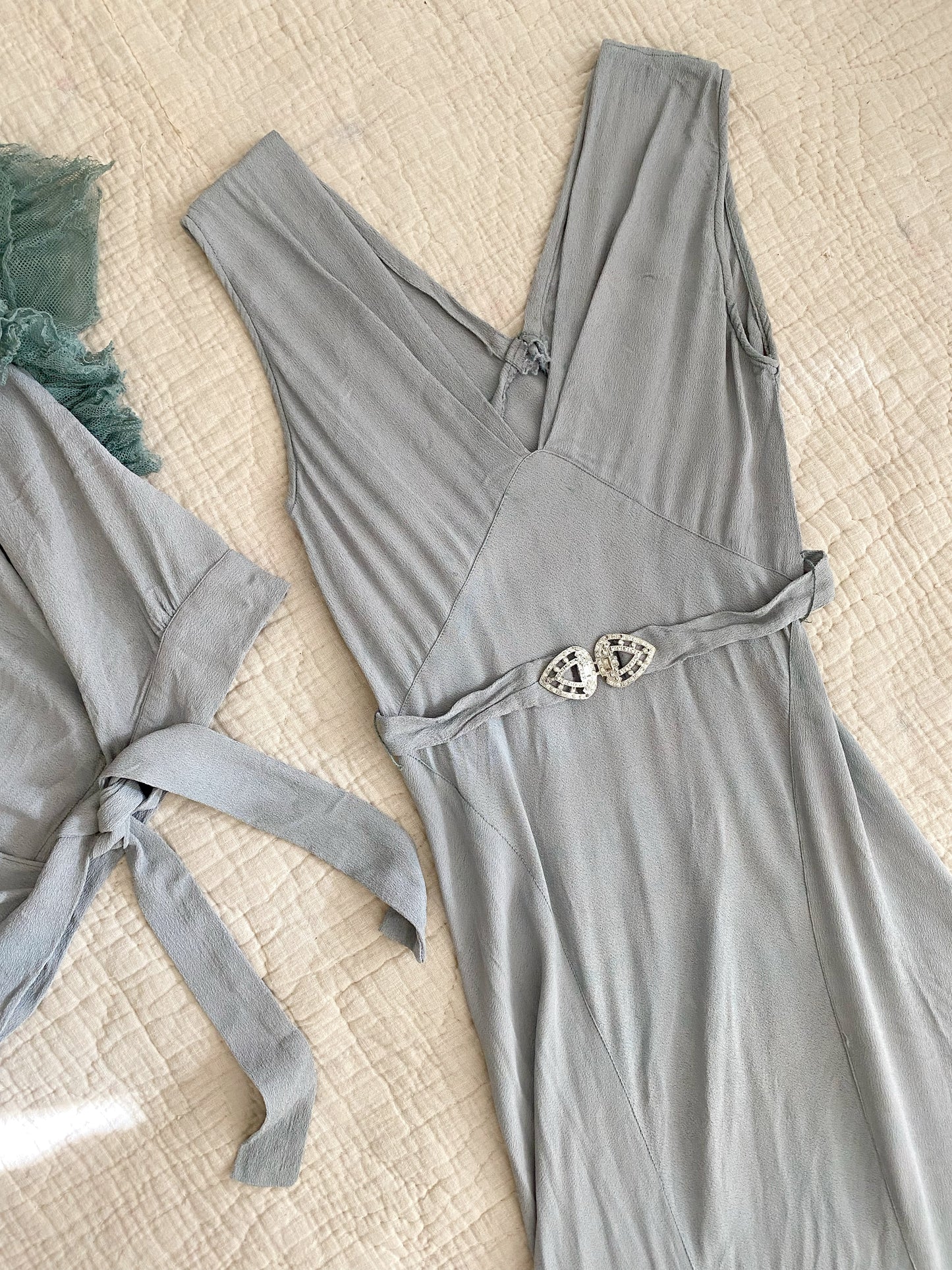 1930s Sea Foam Rayon Crepe Gown w/ Bolero- S