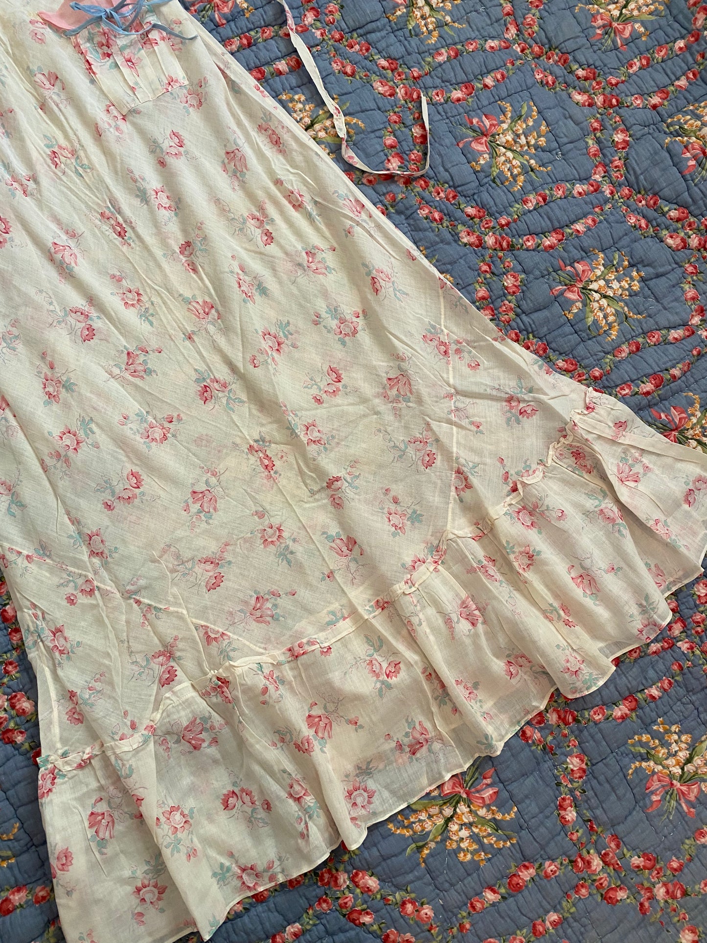 1930s Floral Cotton Gauze Bias Cut Maxi Dress- M/L