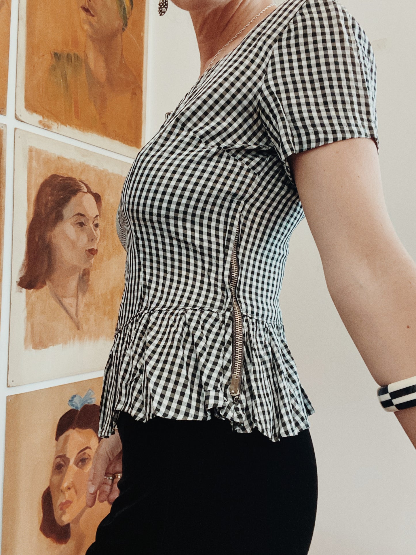 1940s Gingham Side Zip Rayon Peplum Blouse- M