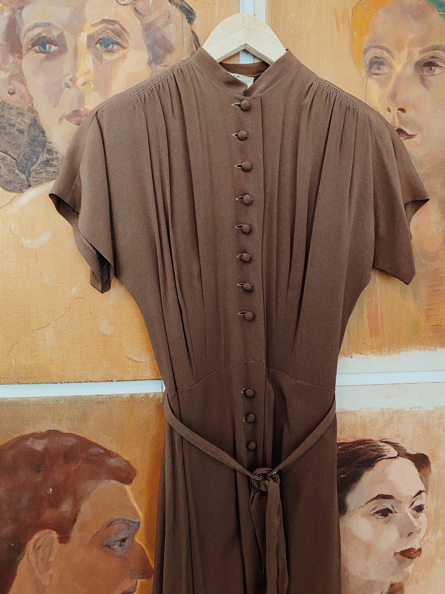 1940s Tiered Brown Rayon Dress w/ Belt- S/M