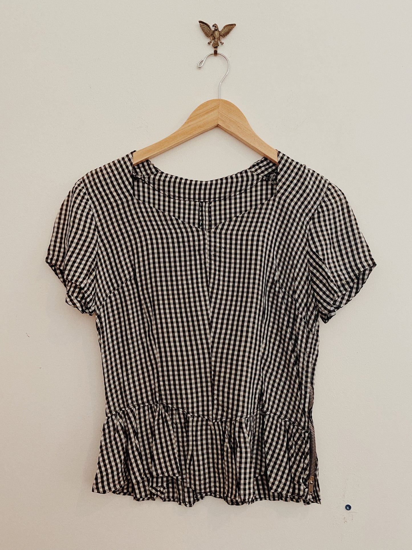 1940s Gingham Side Zip Rayon Peplum Blouse- M