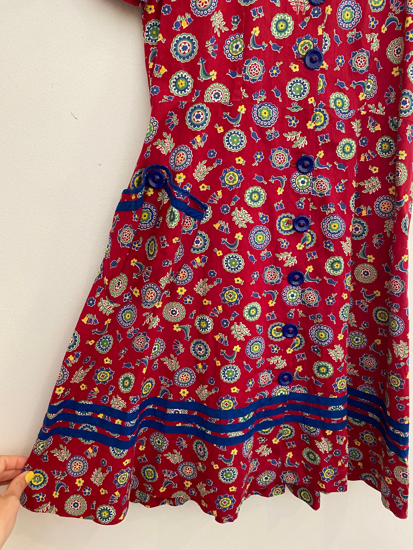 1930s Folk Print Cotton Babydoll Dress- XS/S