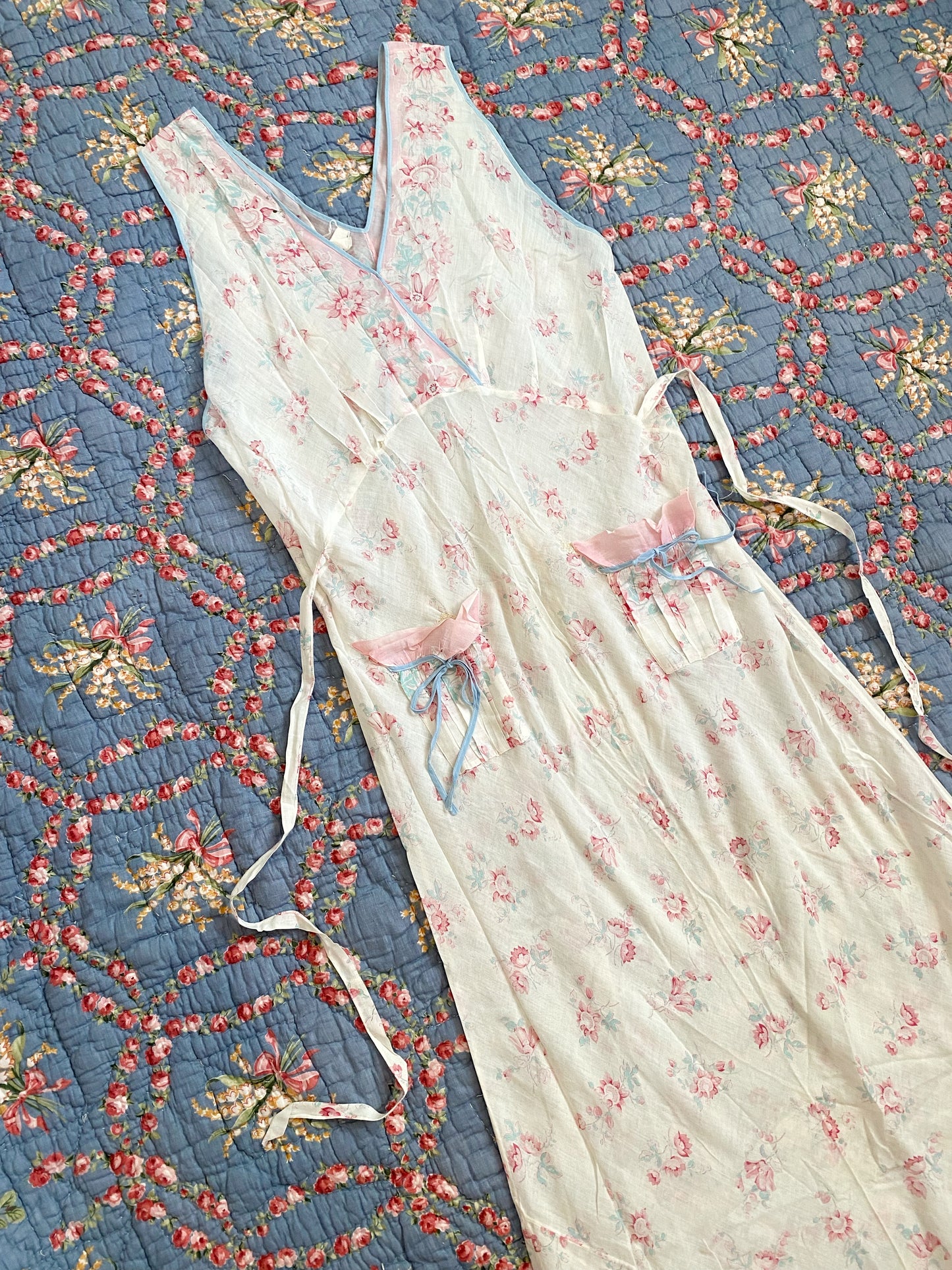1930s Floral Cotton Gauze Bias Cut Maxi Dress- M/L