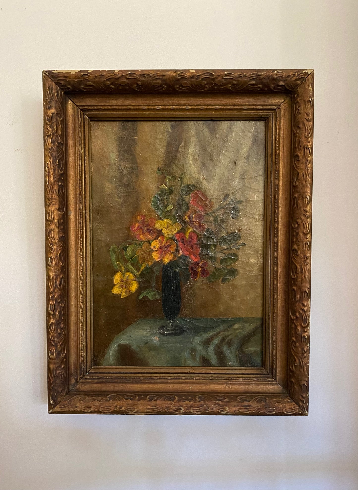 1920s/30s Nasturtium Antique Oil on Stretched Canvas- 13.5 x 17.5”