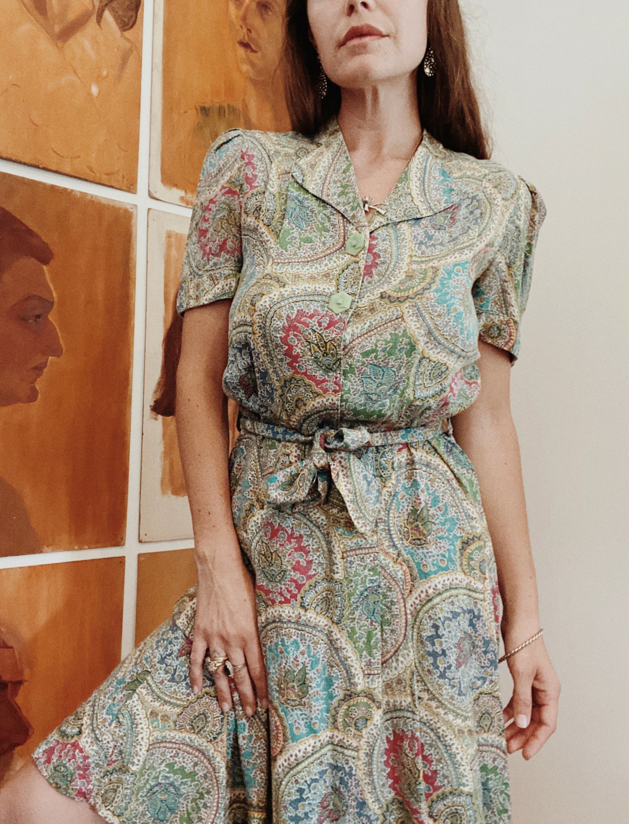 1930s Paisley Cotton Day Dress w/ Minty Buttons- M/L