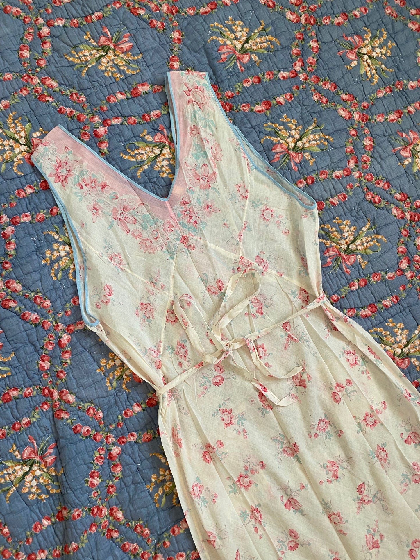 1930s Floral Cotton Gauze Bias Cut Maxi Dress- M/L