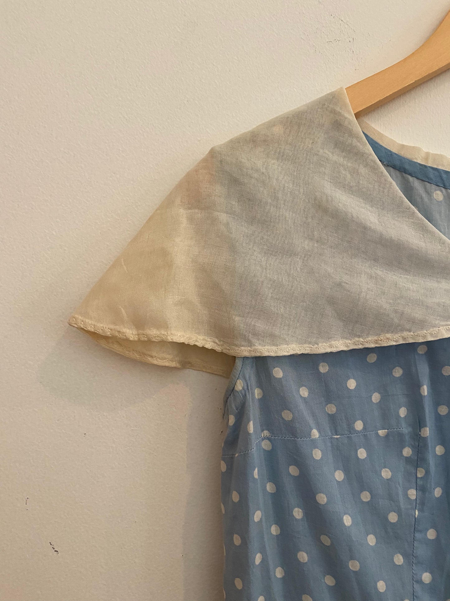 1940s Baby Blue Cotton Polka Dot Maxi Dress w/ Shawl Collar- L