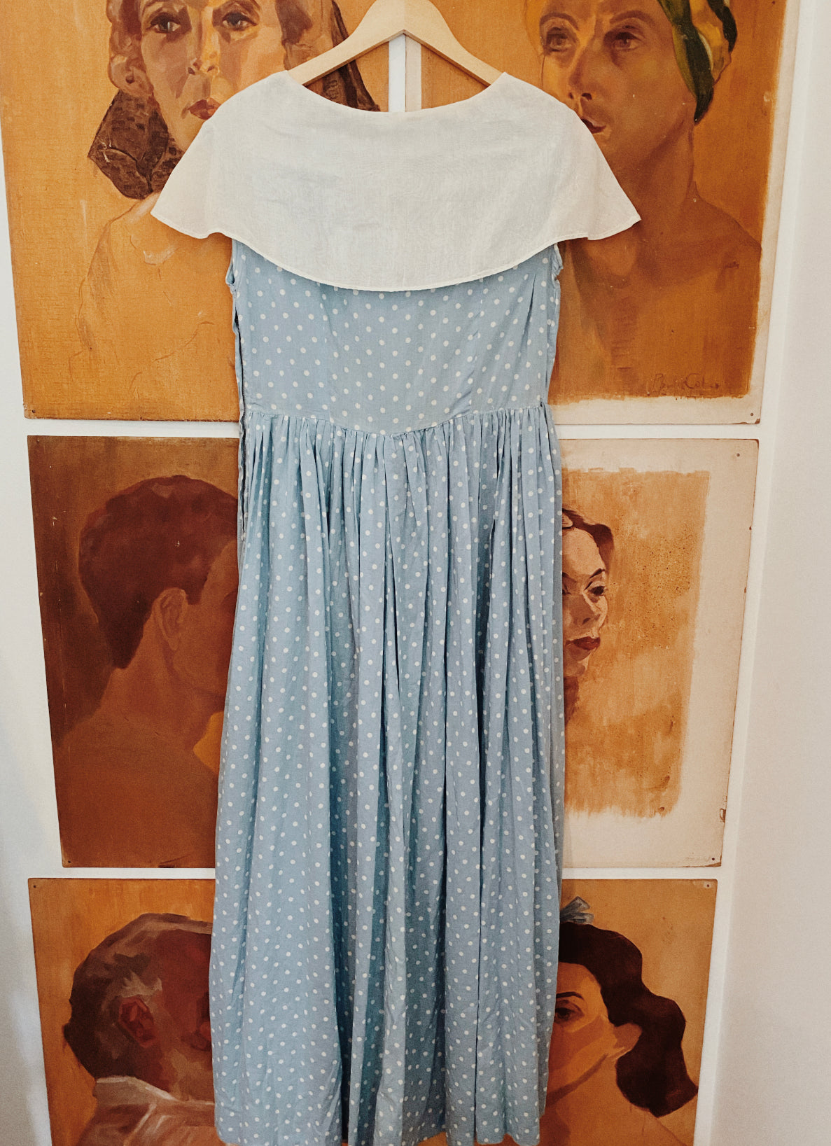1940s Baby Blue Cotton Polka Dot Maxi Dress w/ Shawl Collar- L