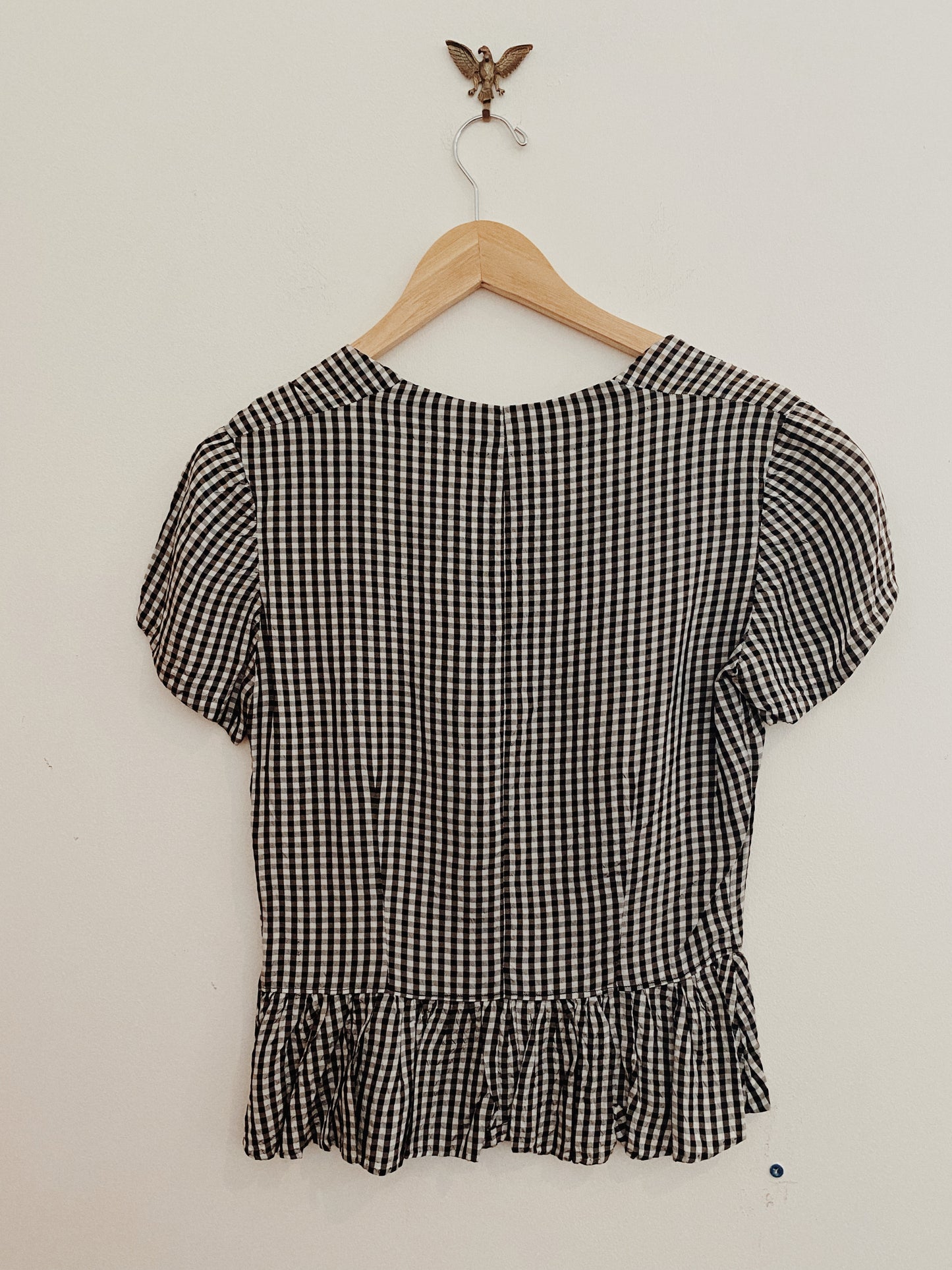 1940s Gingham Side Zip Rayon Peplum Blouse- M