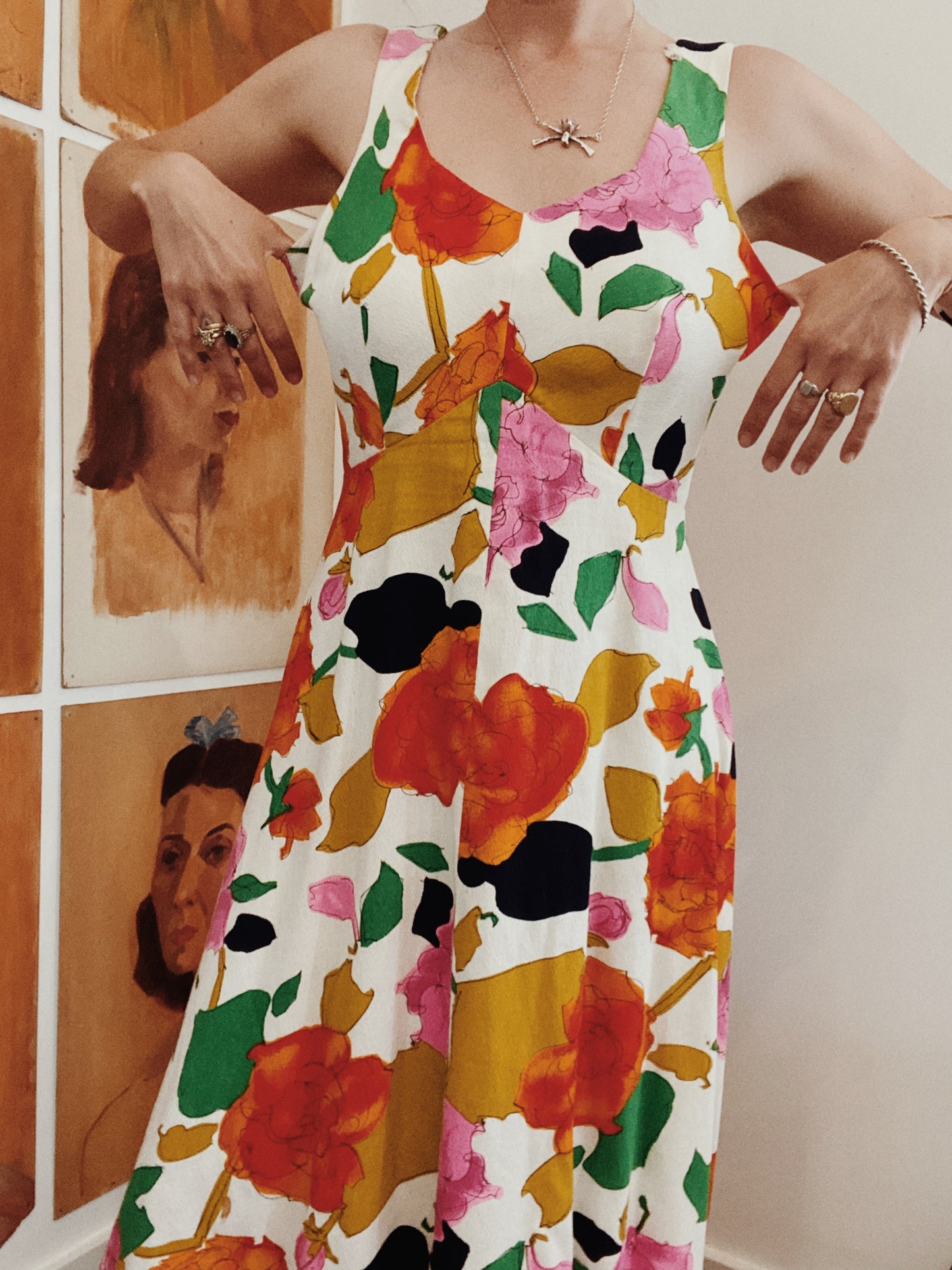 1950s/60s Julie Mills Bark Cloth Floral Maxi Dress- 8/10