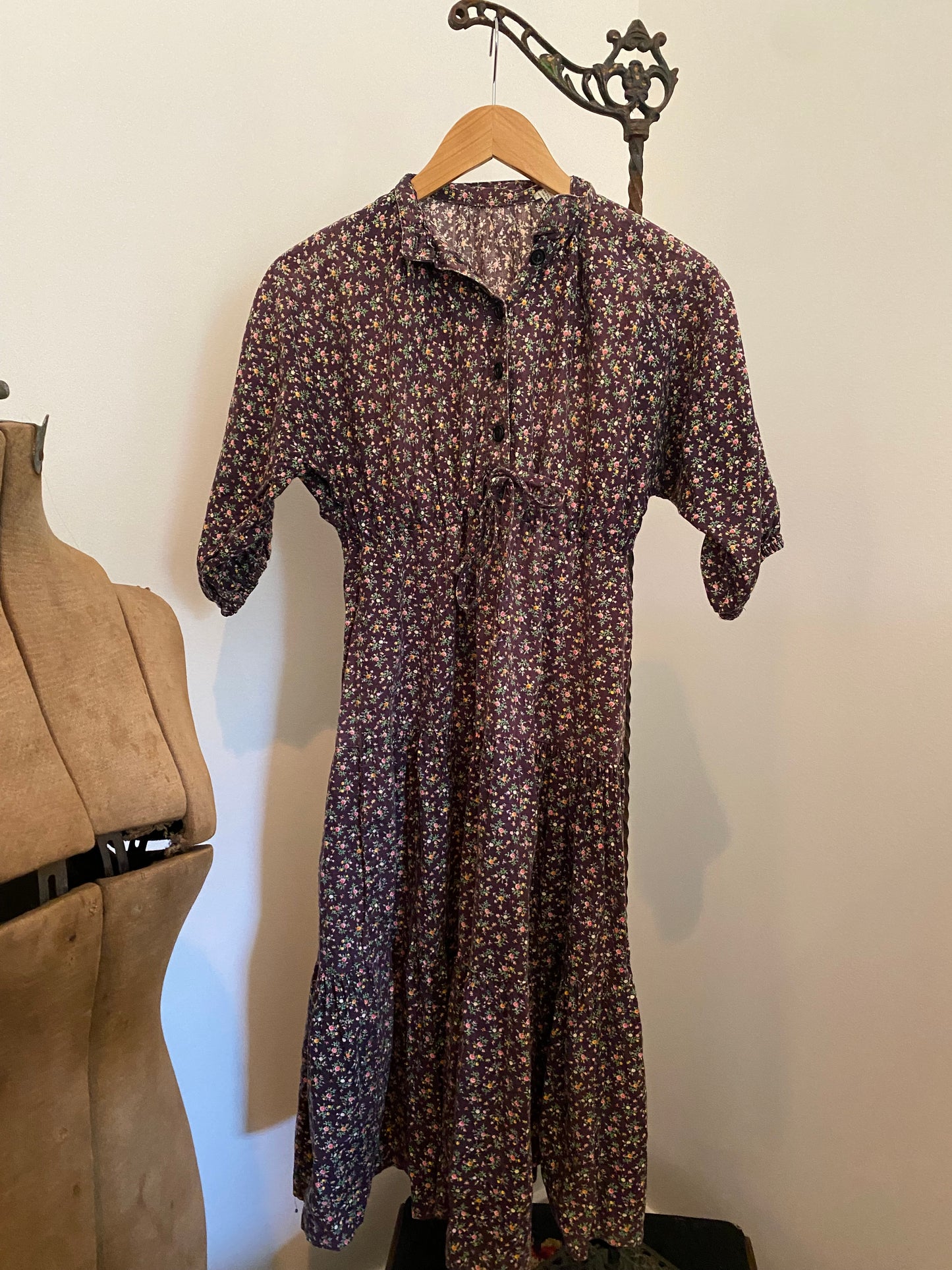 70s Black Calico Peasant Dress- M