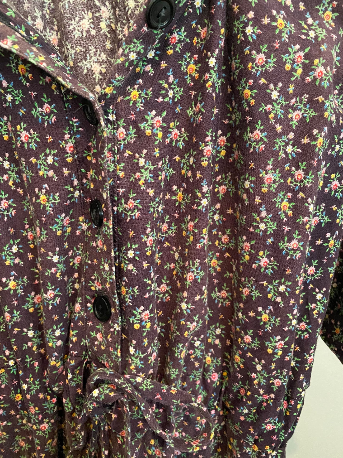 70s Black Calico Peasant Dress- M