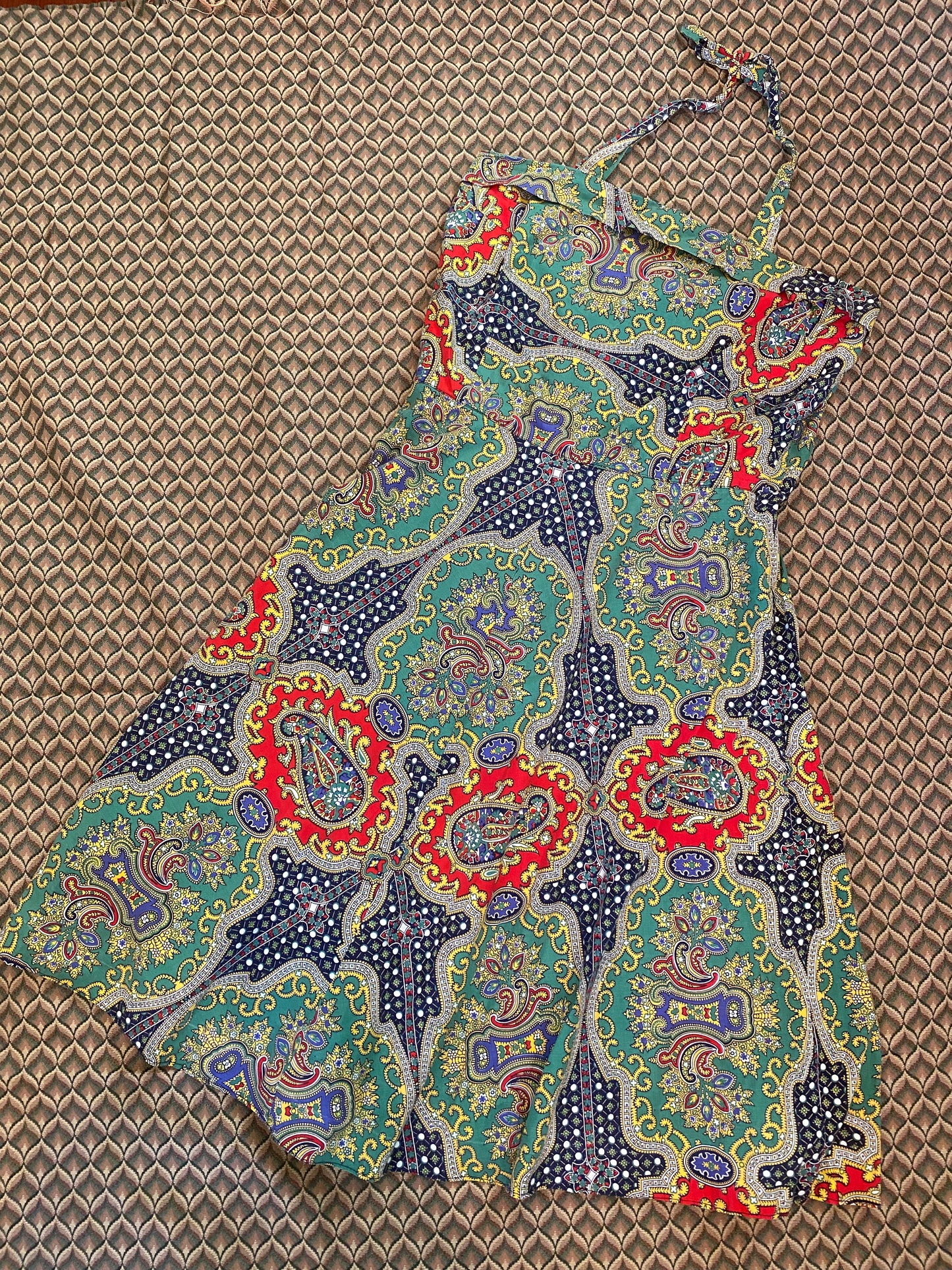 Stunning 50s Green Paisley Cotton Halter Dress- 10