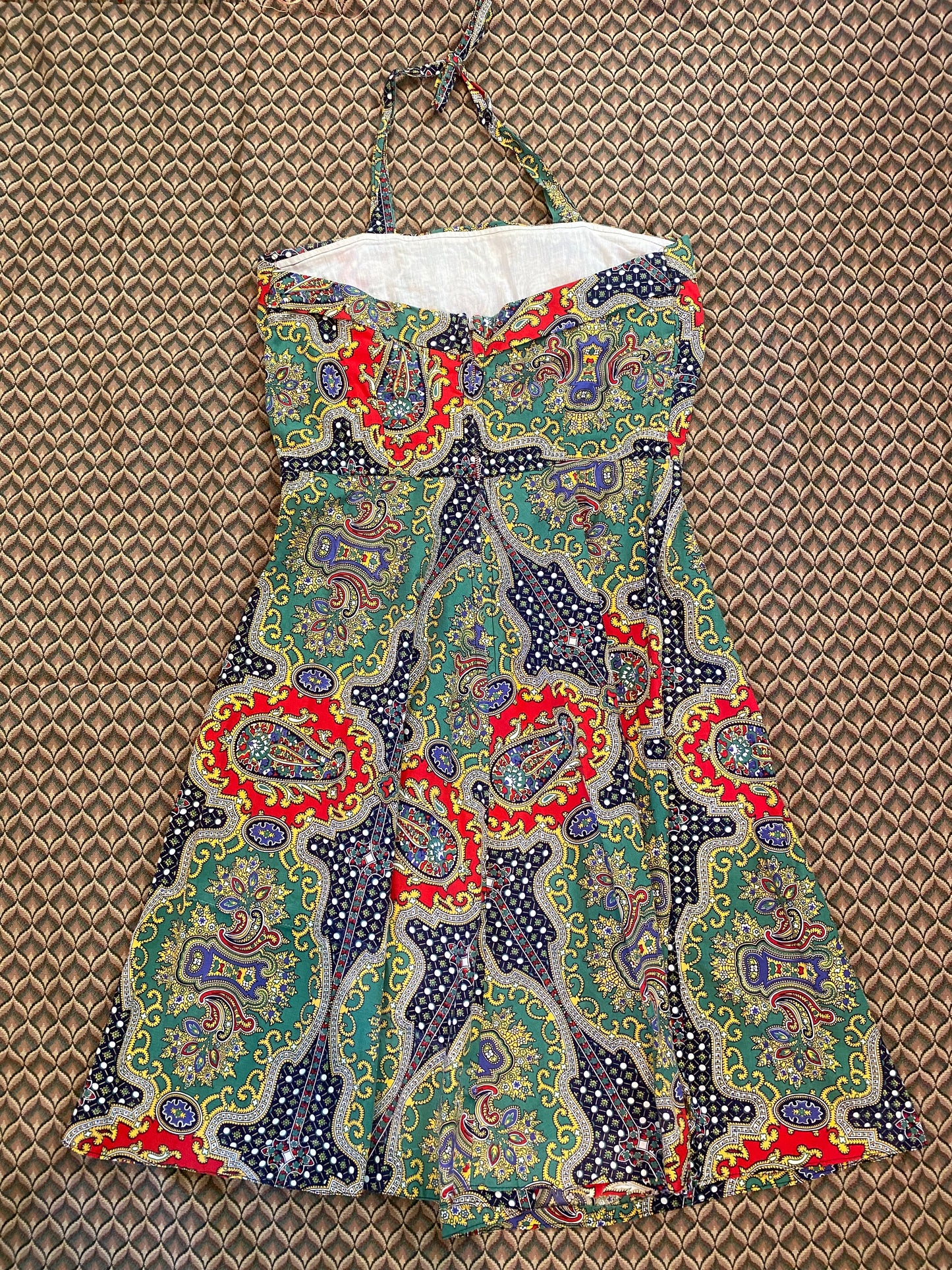 Stunning 50s Green Paisley Cotton Halter Dress- 10