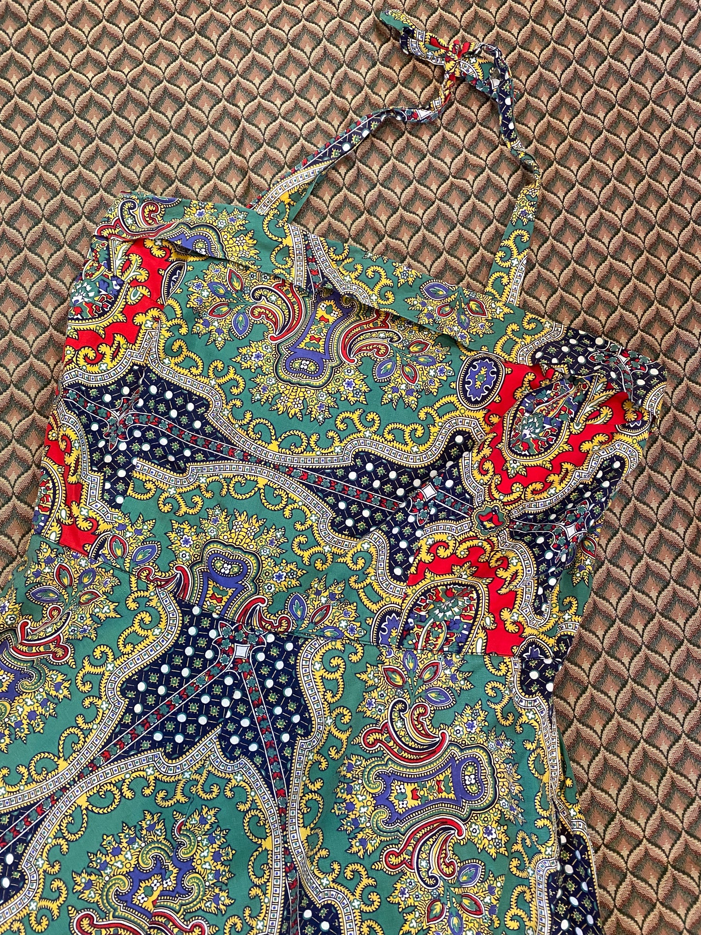 Stunning 50s Green Paisley Cotton Halter Dress- 10