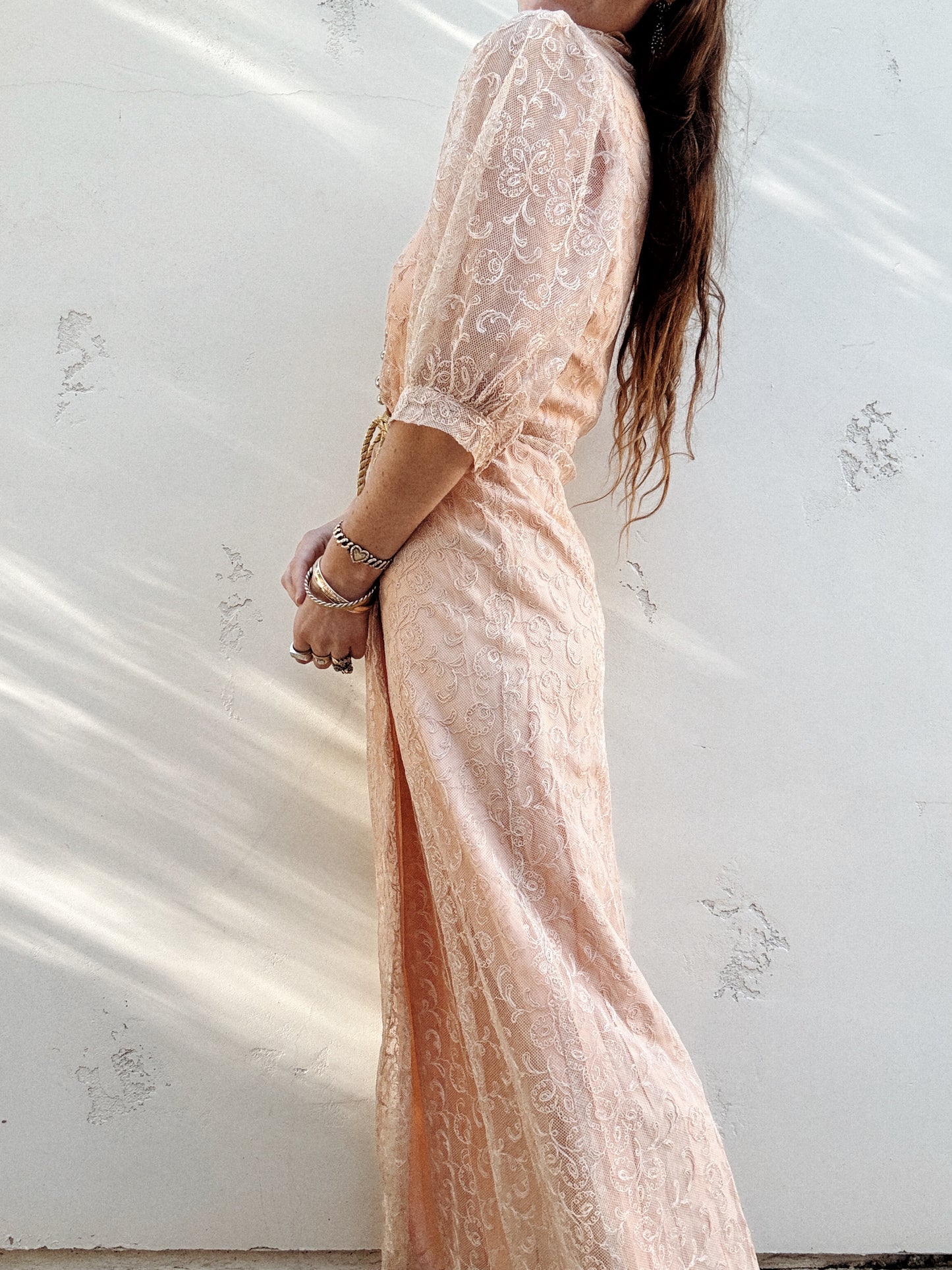1930s Champagne + Pink Lace Dress w/ Puffed Shoulders- S/M-M