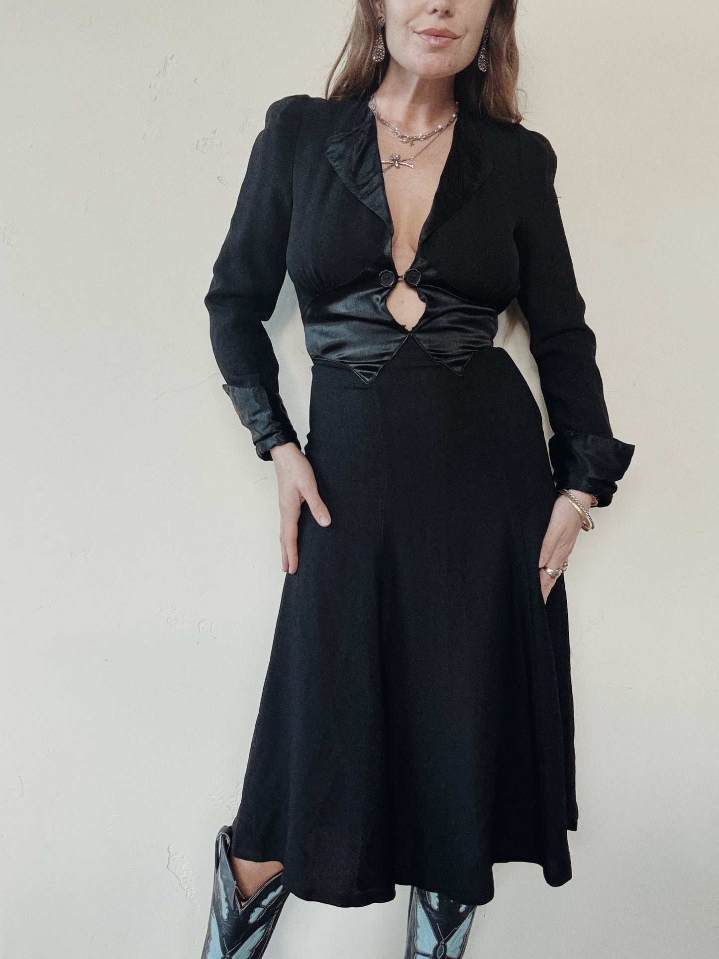 1970s Ossie Clark Black Moss Crepe Dress- S