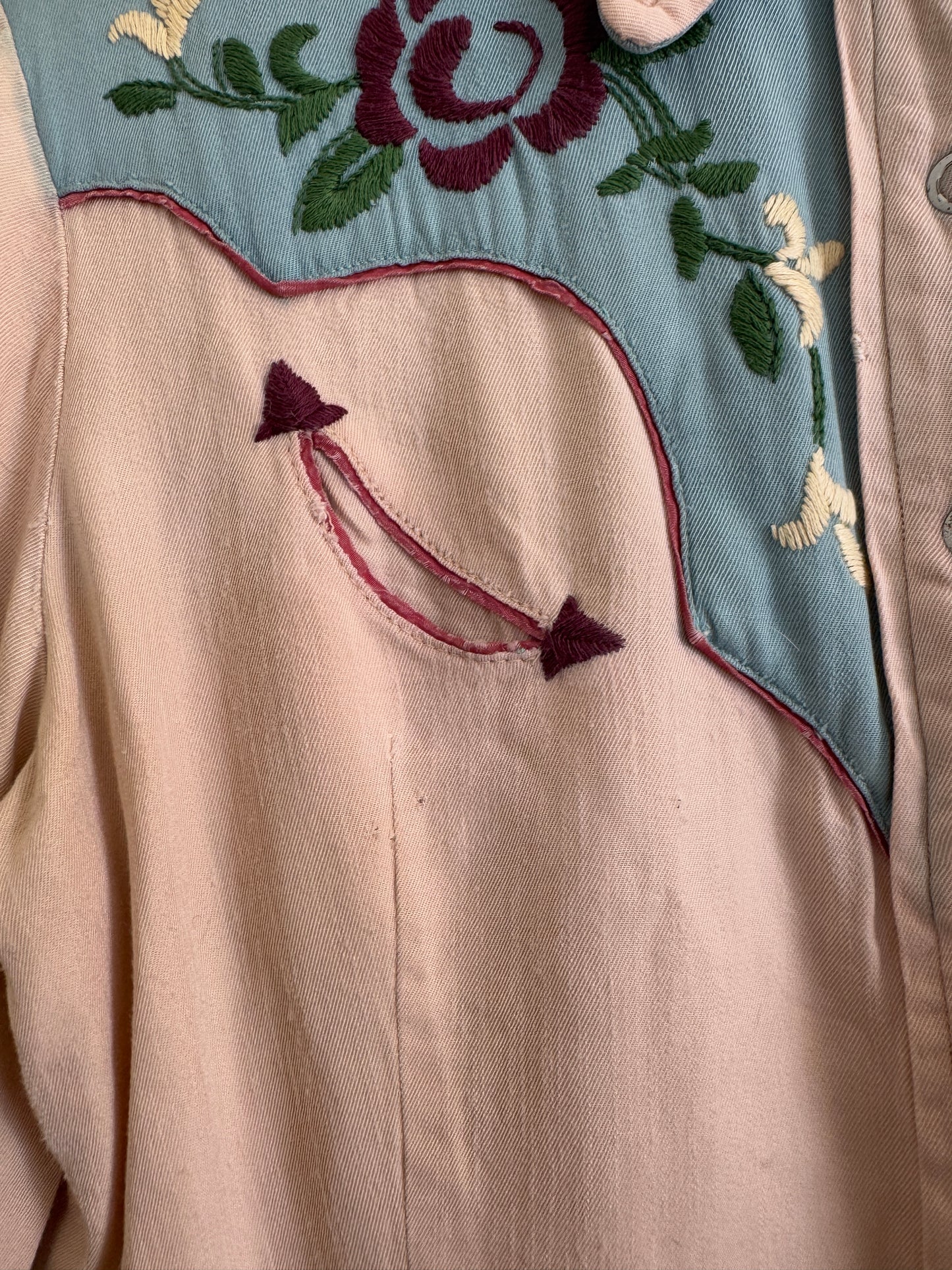 1950s Sky Blue + Purple Embroidered Western Blouse- S/M