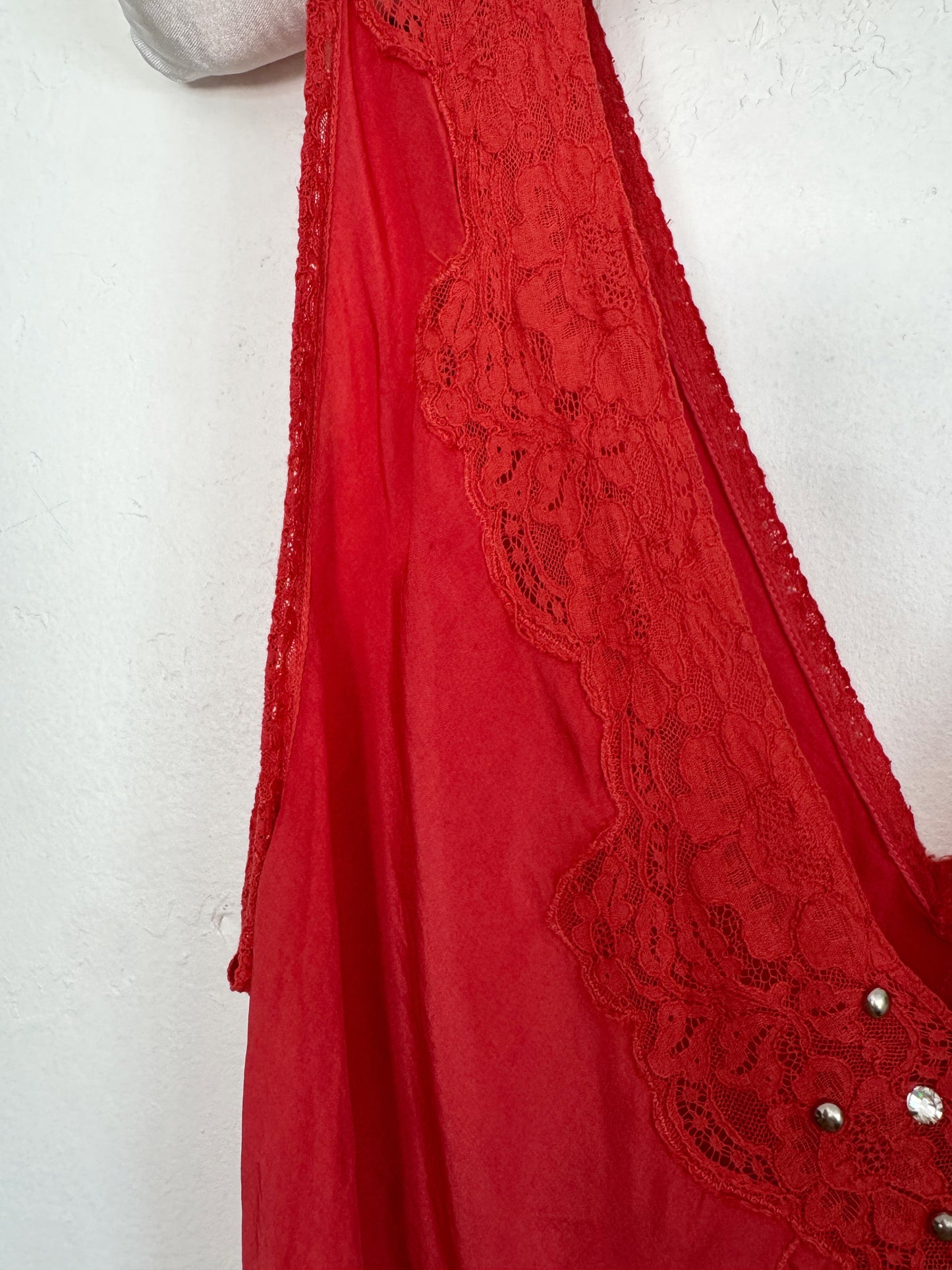 1930s Negroni Red Embellished Silk + Lace Slip Dress- S/M-M