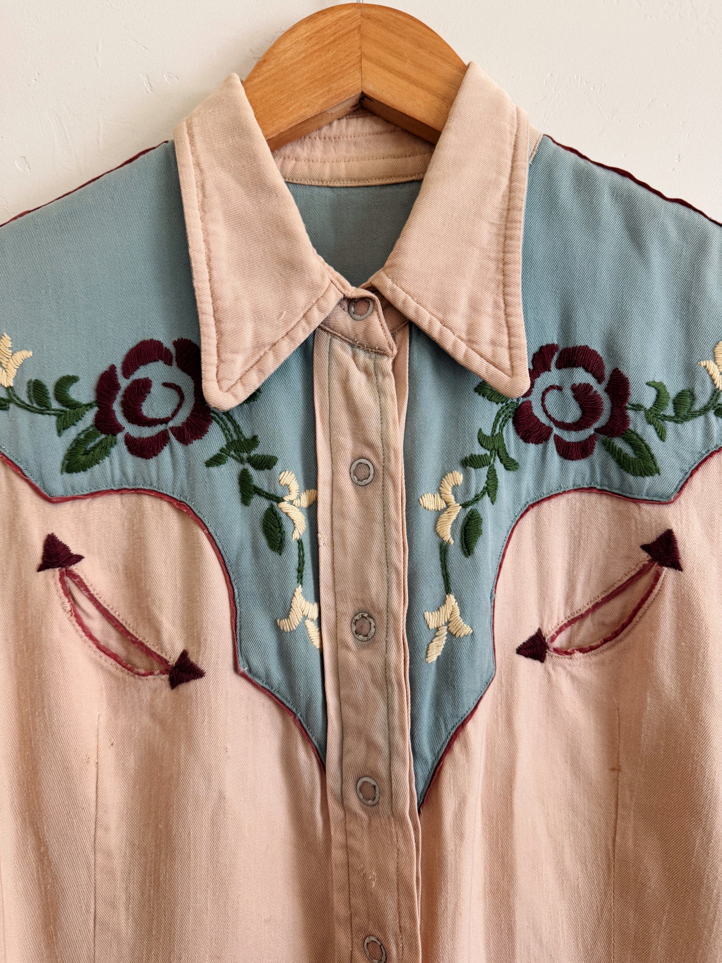 1950s Sky Blue + Purple Embroidered Western Blouse- S/M