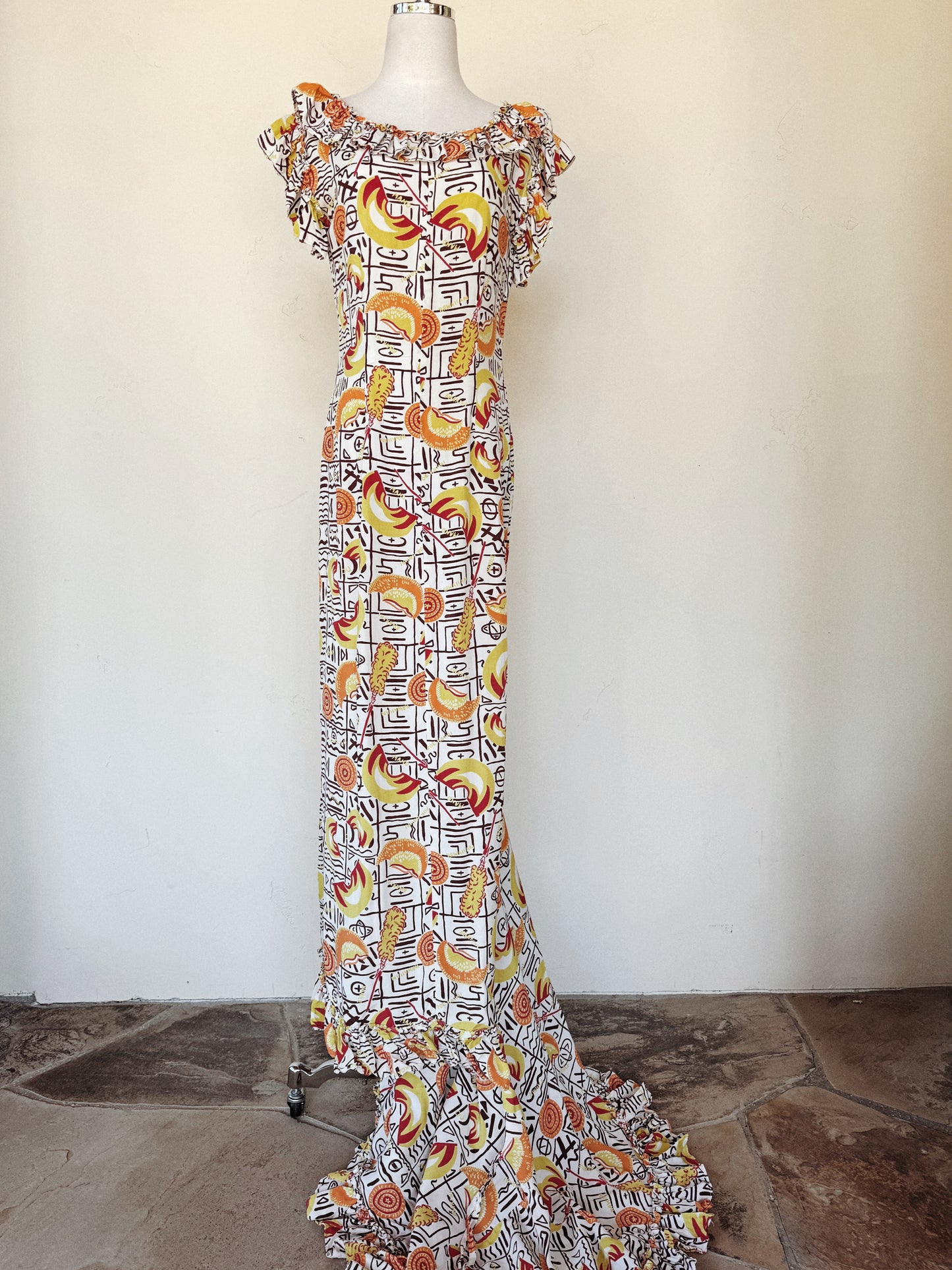 1940s Quirky Chartreuse Hawaiian Holoku Gown w/ Train- S/M