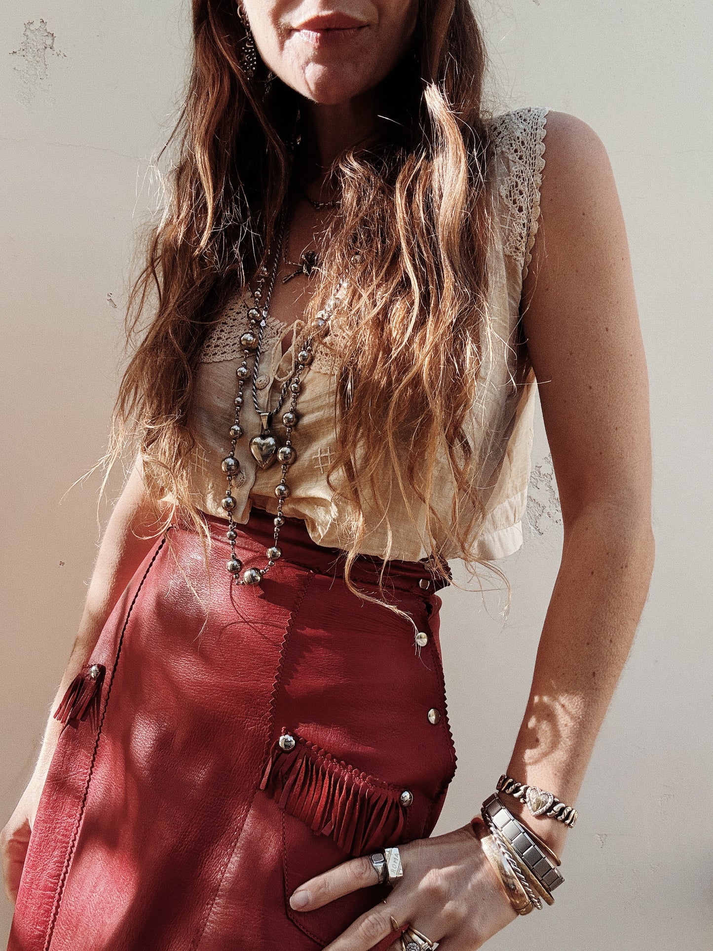 1930s/40s Western Oxblood Red Leather Fringe Cowgirl Skirt- S