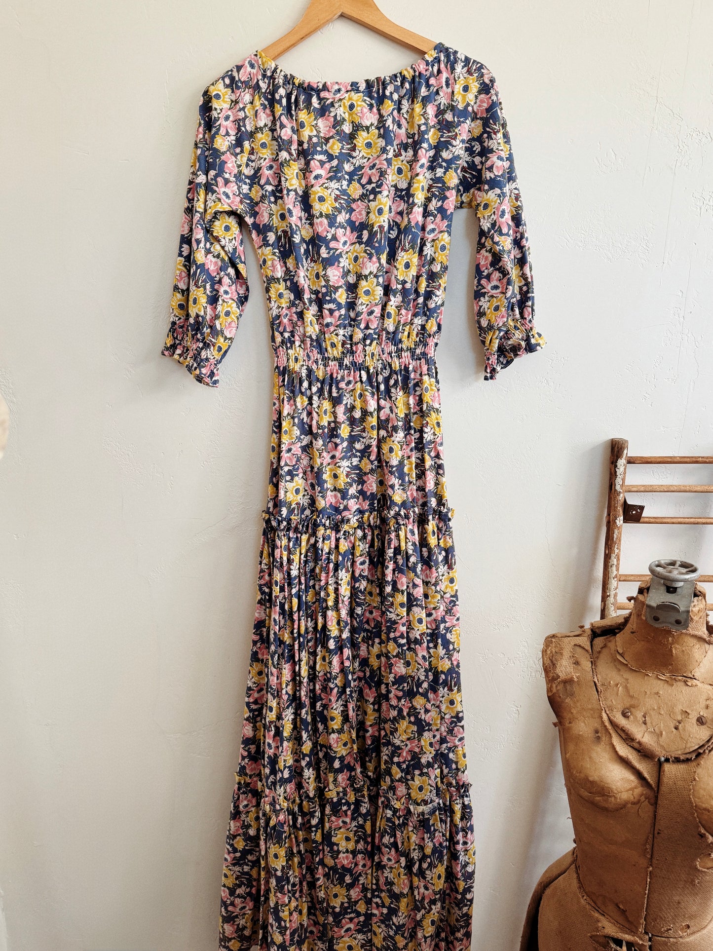 1970s Laura Ashley Rustic Blue Cotton Floral Dress- M/L