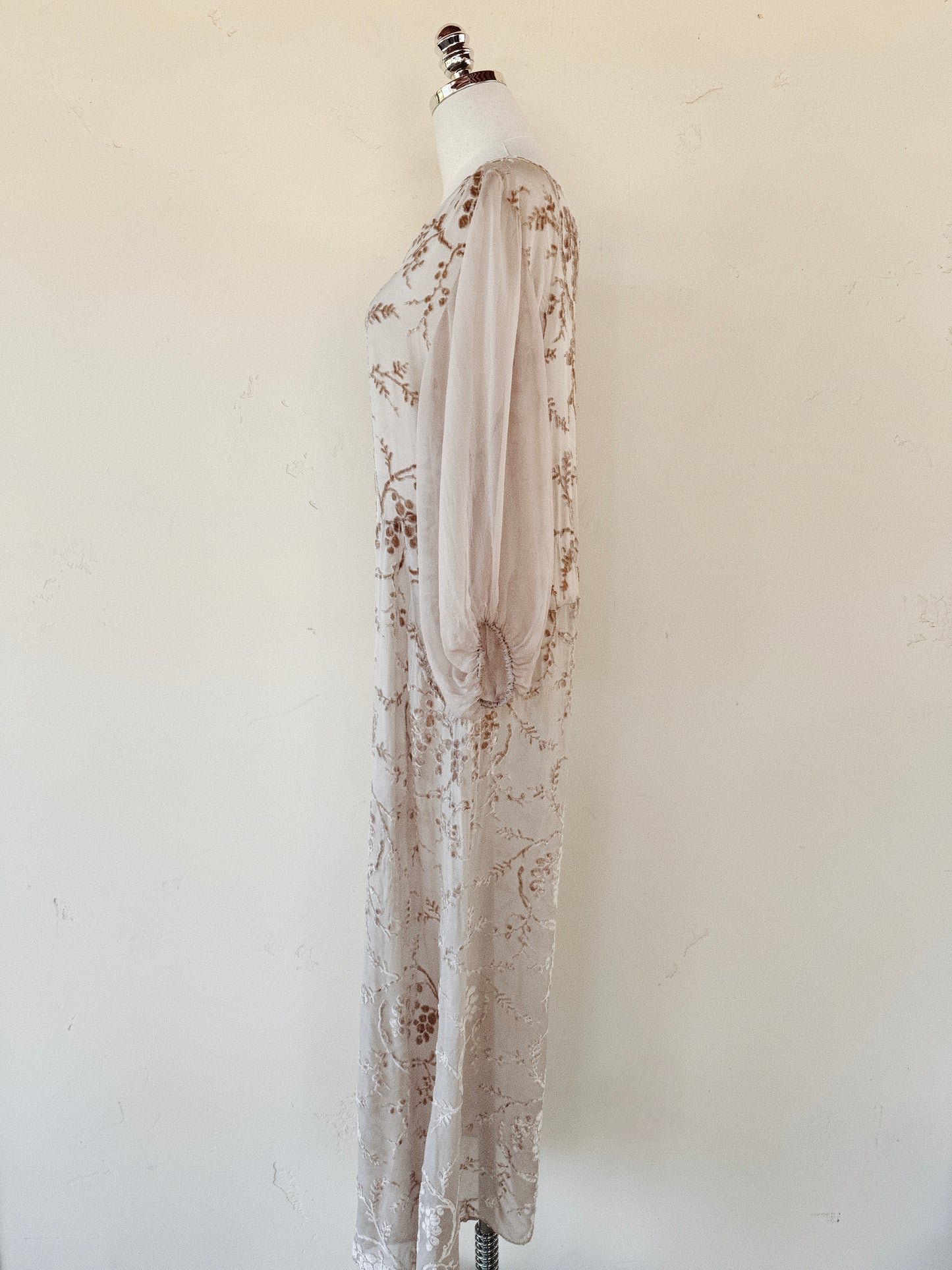 1920s Champagne Grape Silk Chiffon Devoré Velvet Goddess Gown- S/M-M