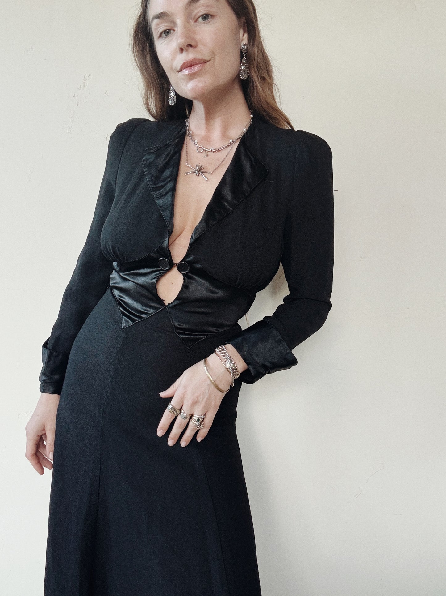 1970s Ossie Clark Black Moss Crepe Dress- S