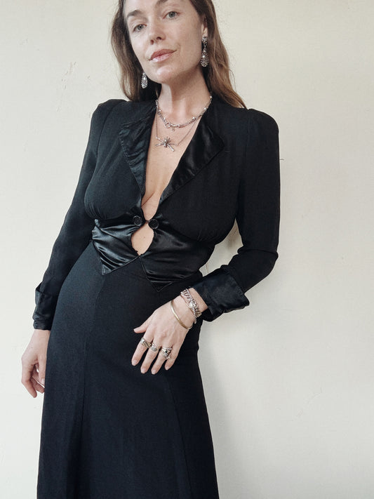 1970s Ossie Clark Black Moss Crepe Dress- S