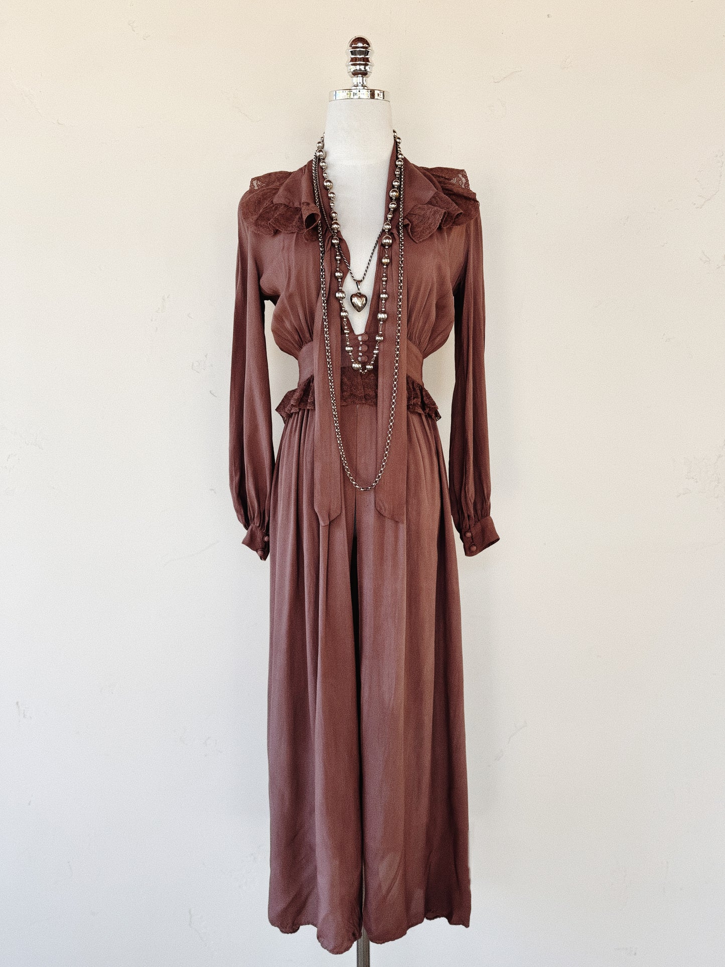 1940s Brown Rayon + Lace Peignoir- XS/S