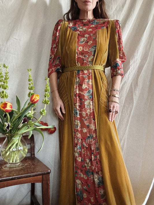 1930s Medieval Golden Velvet + Red Floral Lamé Gown- S/M