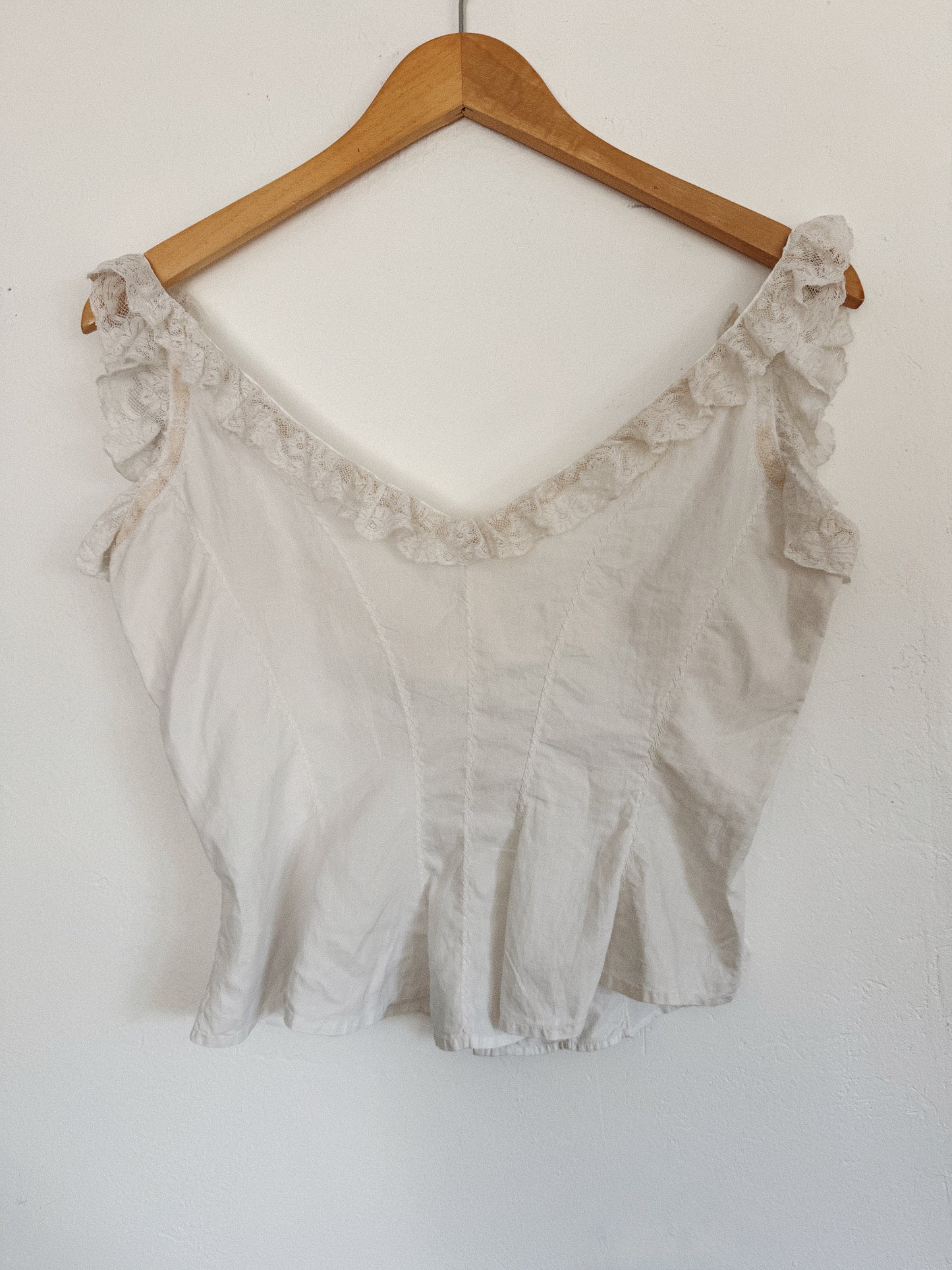 Antique Pure White Cotton + Ruffled Lace Corset Cover- S
