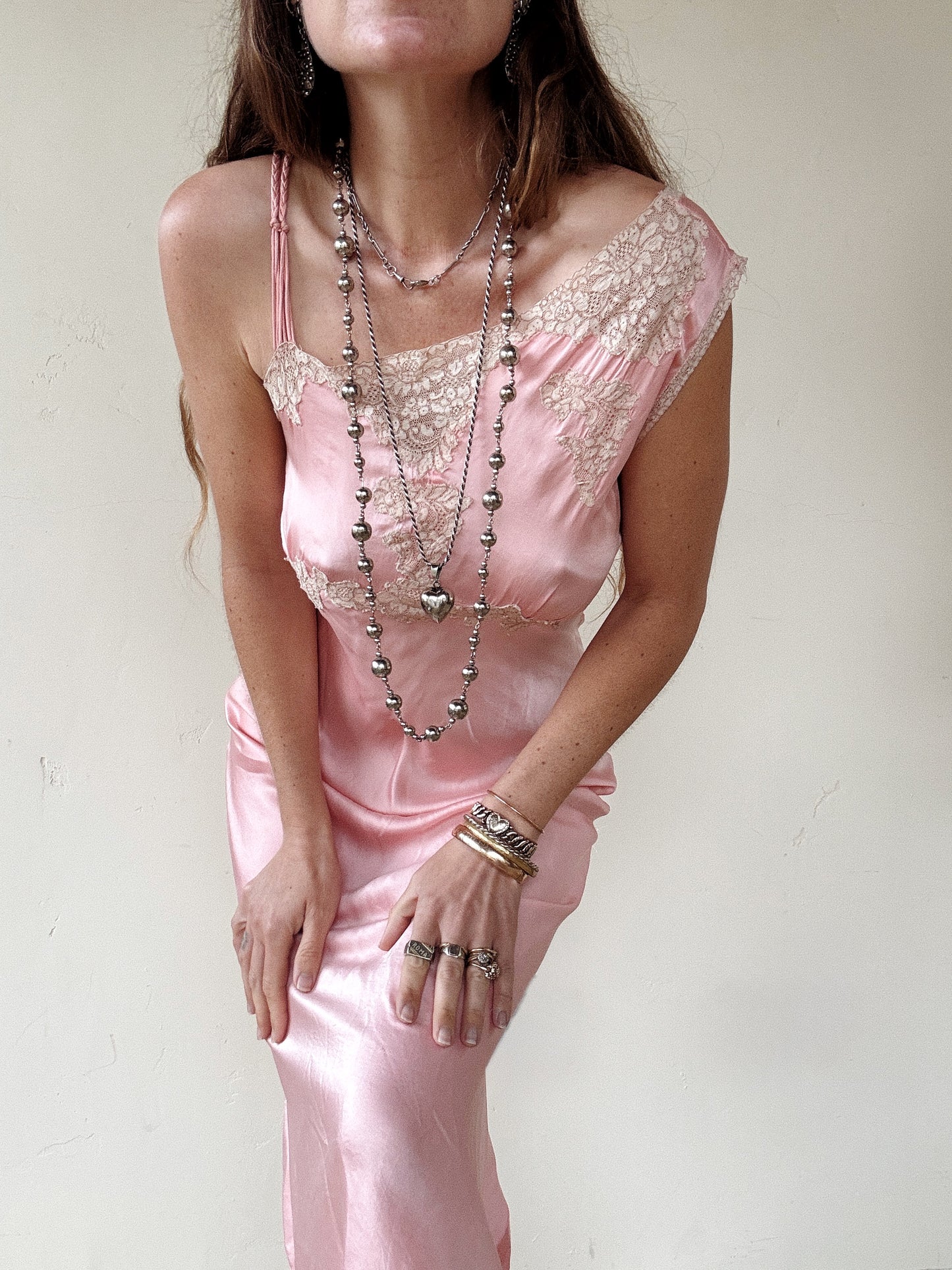 1930s/40s Pink Silk Asymmetrical Slip Dress w/ Lace- S-S/M