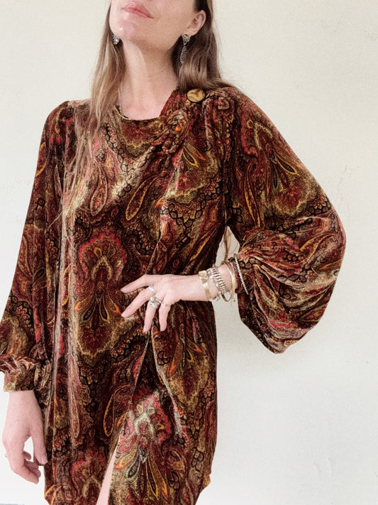 1930s Paisley Silk Velvet Jacket w/ Large Celluloid Button- S/M