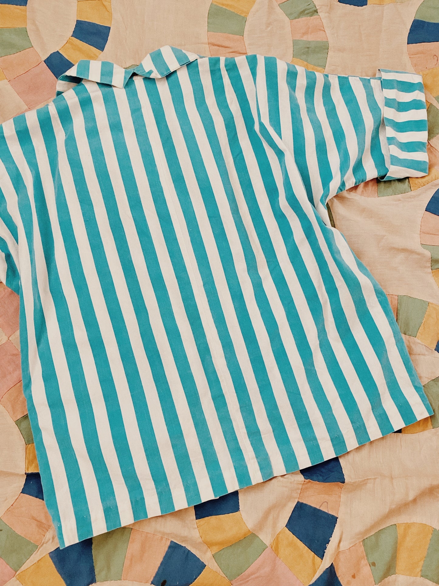 1950s White + Blue Striped Cotton Sportswear Cabana Top- M