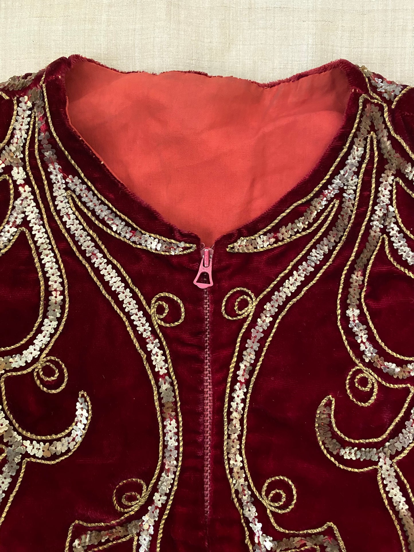1930s Blood Red Silk Velvet Sequin Cropped Top w/ Bell Zip- S