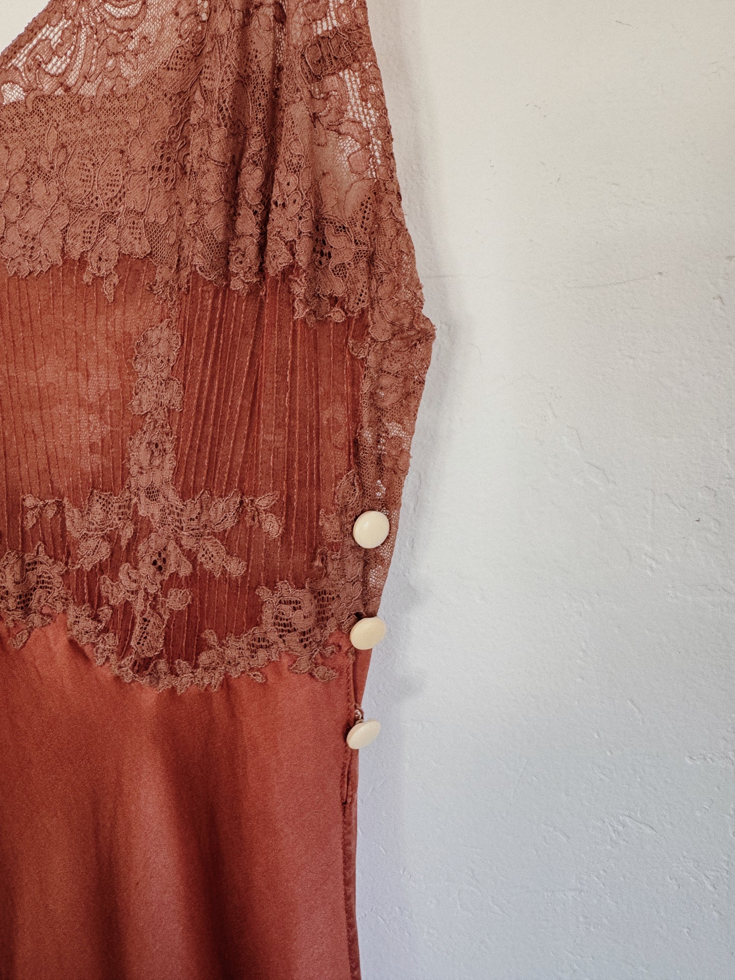 1930s Brown Silk + Lace Slip Dress w/ Braided Straps- XS/S