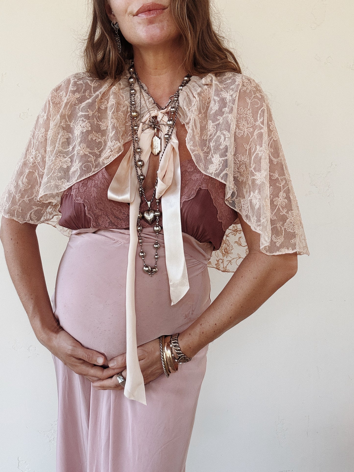 1930s Champagne Lace Caplet w/ Silk Ribbon- XS-M