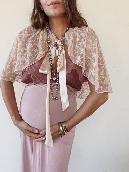 1930s Champagne Lace Caplet w/ Silk Ribbon- XS-M