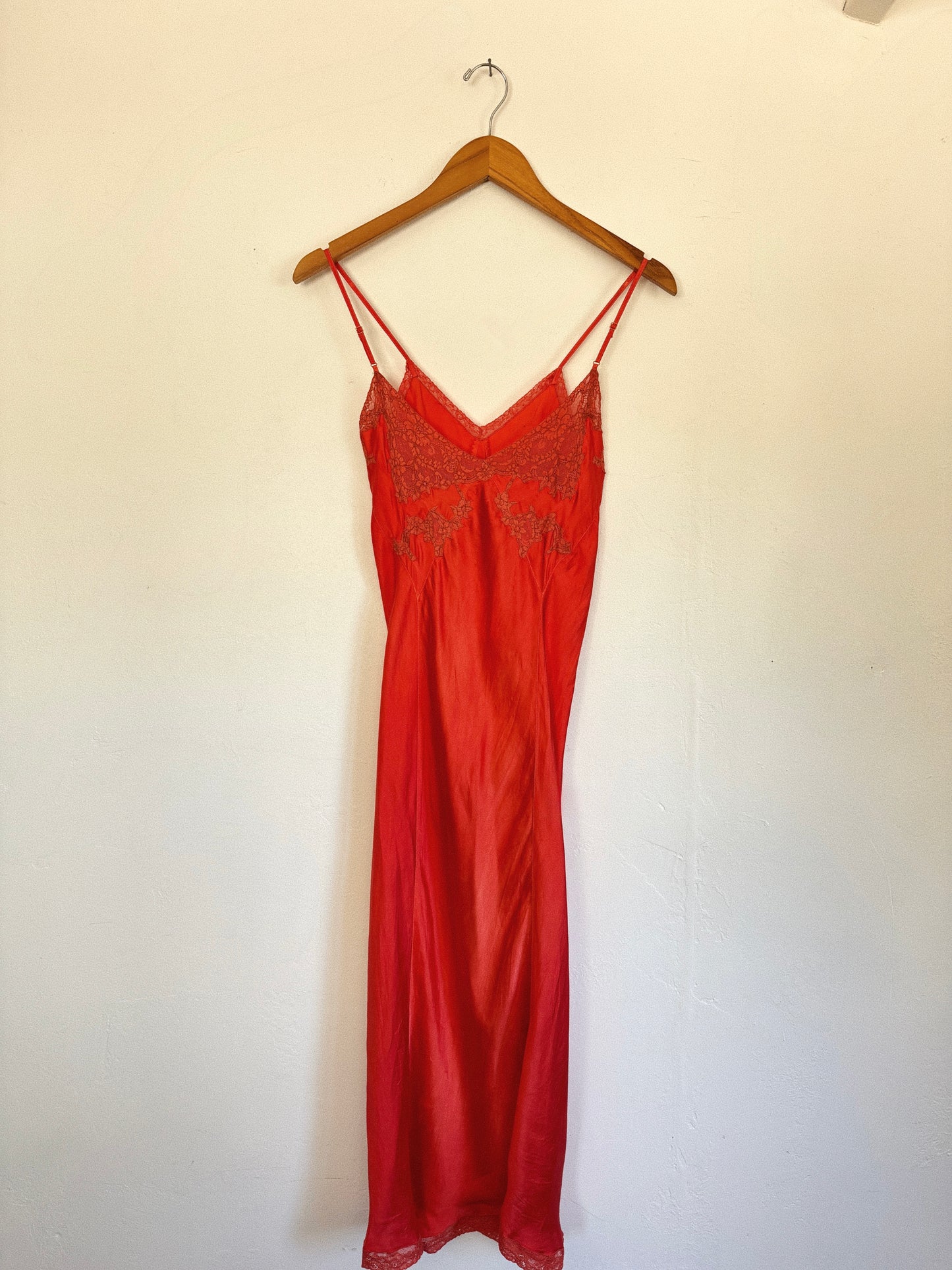1940s Campari Satin + Lace Spaghetti Slip Dress- S