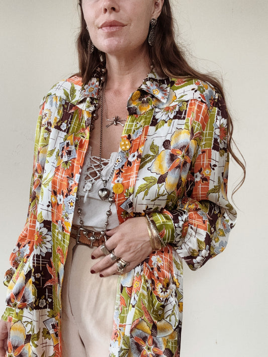1940s Chartreuse + Orange Passionflower Satin Smock Jacket