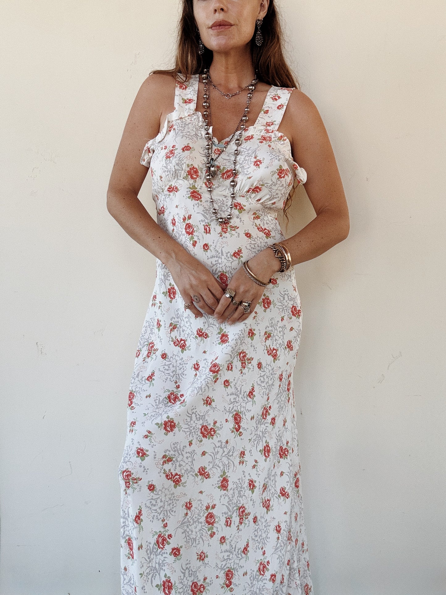 1940s Rose + Lily of the Valley Ruffle Cold Rayon Slip Dress w/ Blue Bows- M-M/L