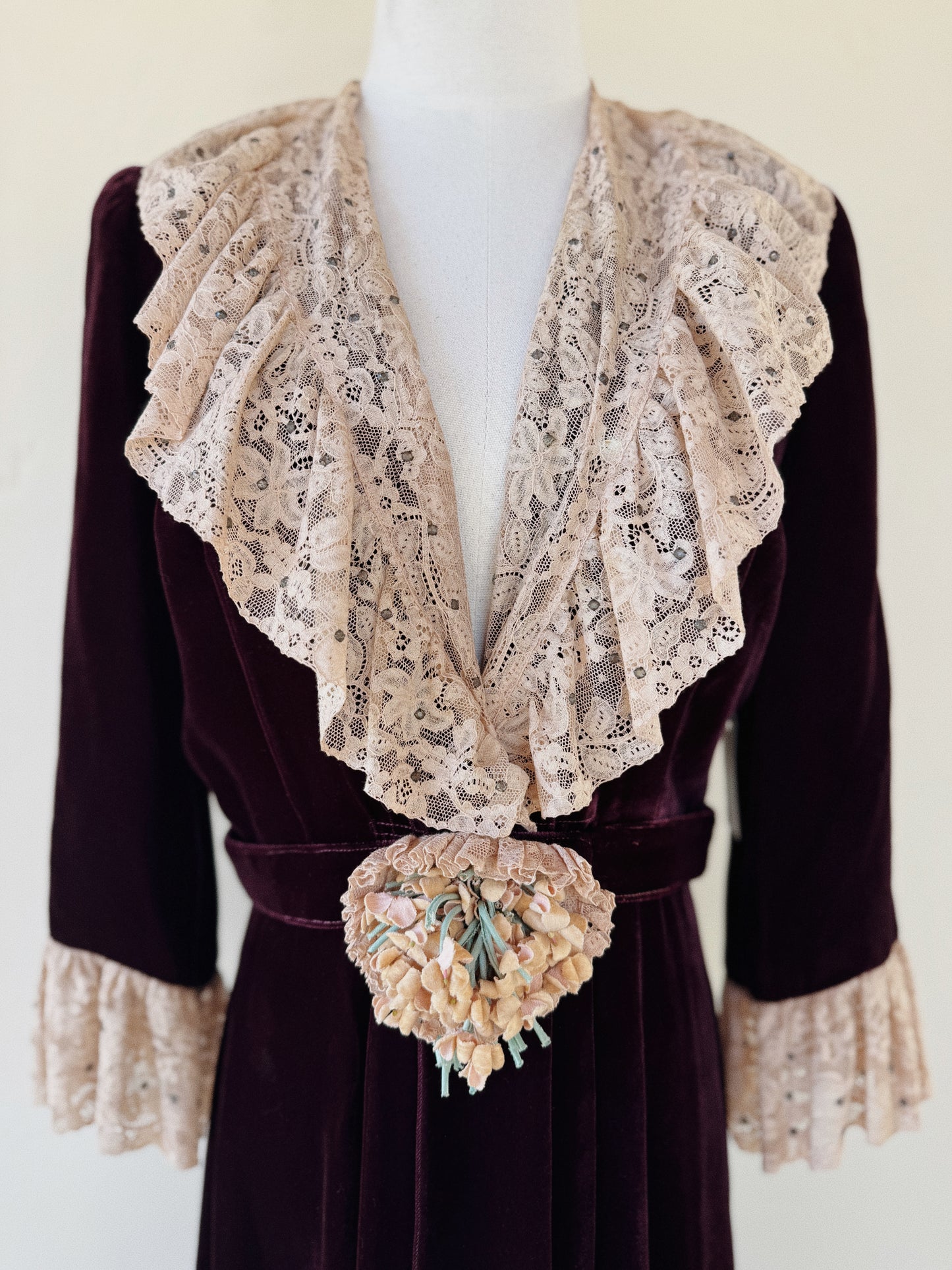 1930s/40s Aubergine Velvet + French Lace Dress w/ Rhinestones- S/M