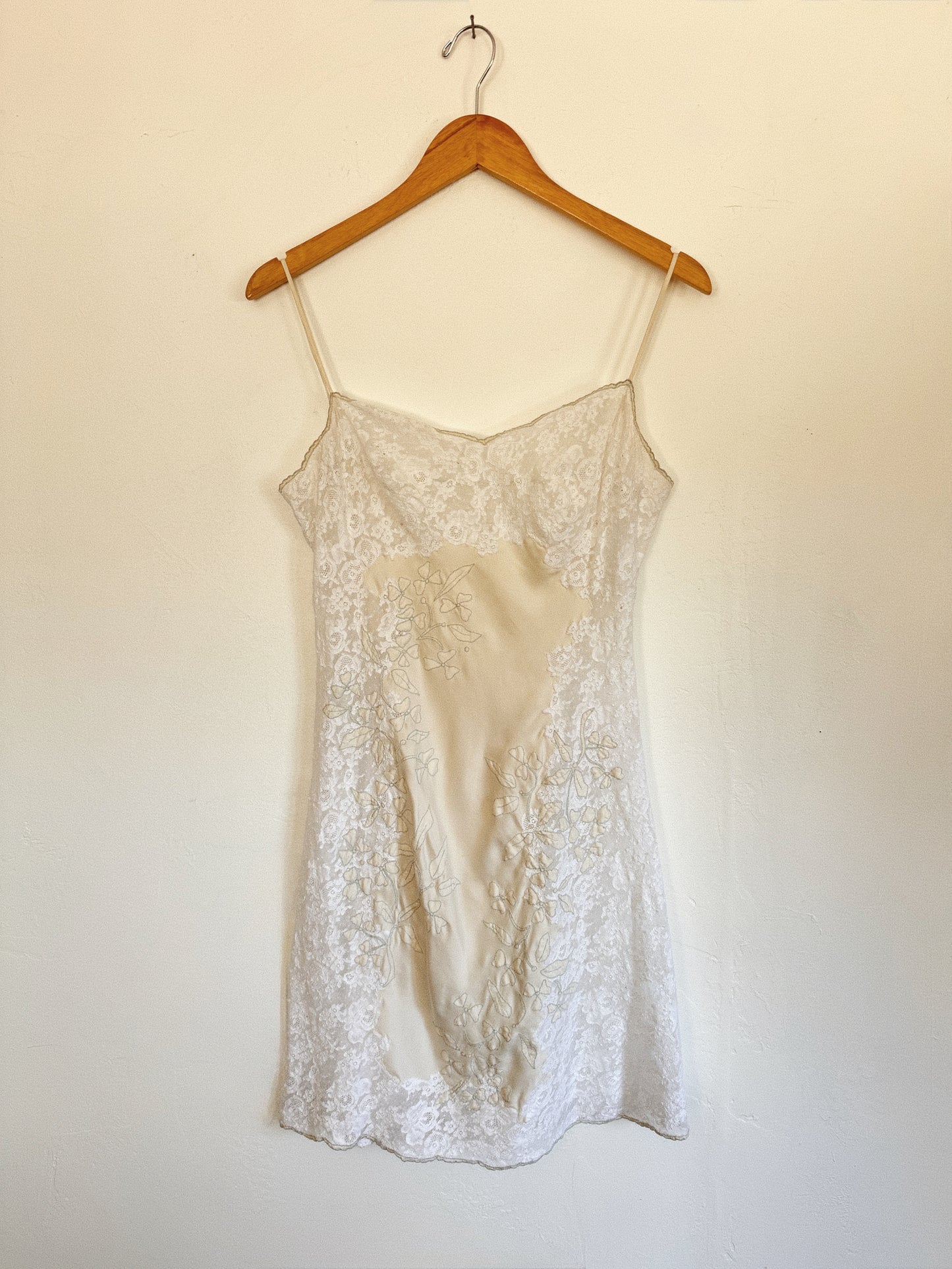 1940s/50s Ultra Pure White Lace + Silk Slip Dress w/ Pale Blue Flowers- S-M