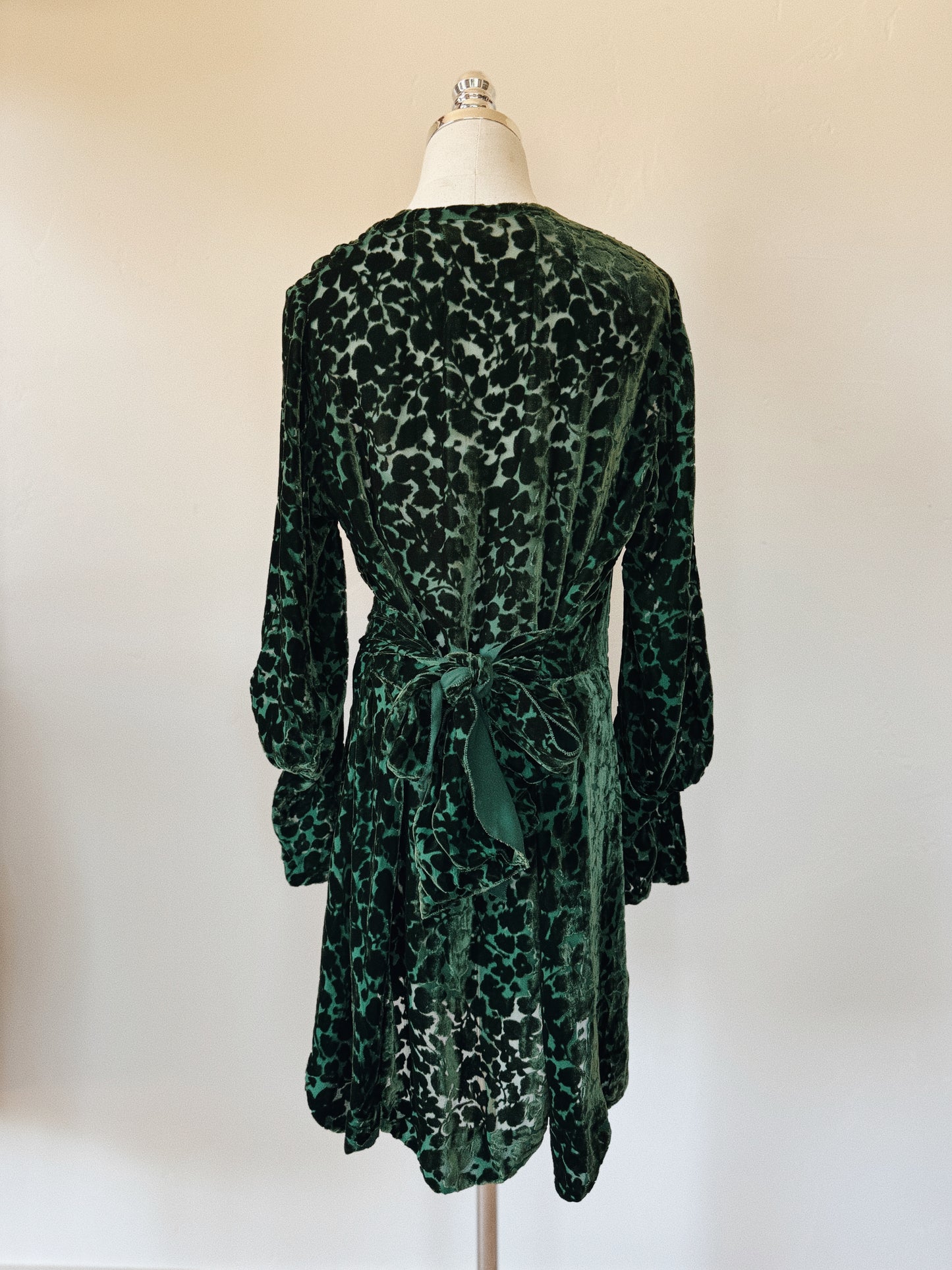 1920s/30s Emerald Devoré Silk Velvet Wrap Top Mini Dress- S/M-M