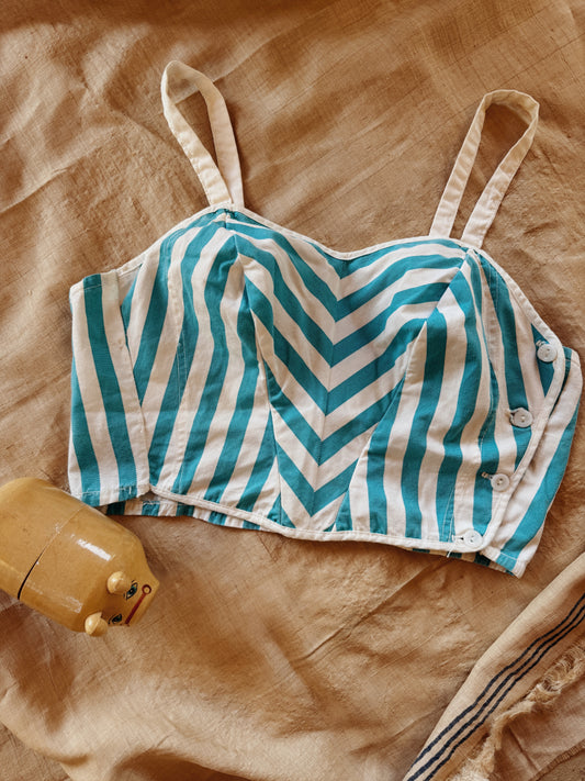 1950s White + Blue Striped Cotton Bustier- S