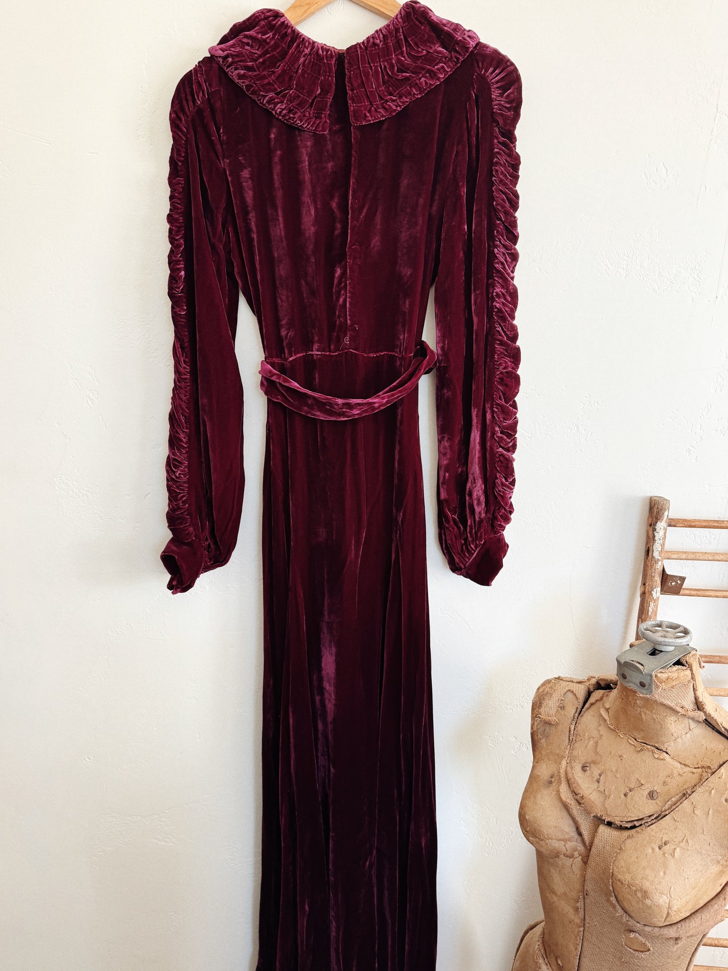 1930s Mulberry Ruched Silk Velvet Gown w/ Balloon Sleeves- S/M